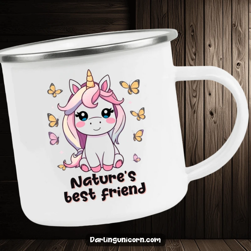 Funny unicorn camping mug with a contented unicorn smiling amidst friendly butterflies, durable and perfect for peaceful outdoor enjoyment.