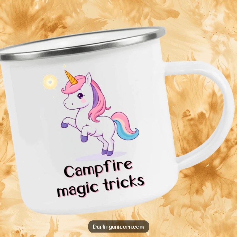 Funny unicorn camping mug with a unicorn playfully tossing a shimmering magical orb, durable and perfect for magical outdoor experiences.