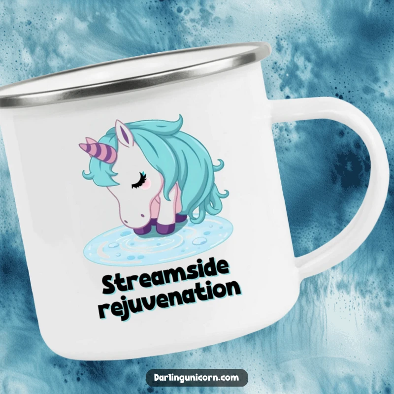 Funny unicorn camping mug with a refreshed unicorn drinking from a crystal clear stream, durable and perfect for peaceful outdoor hydration.