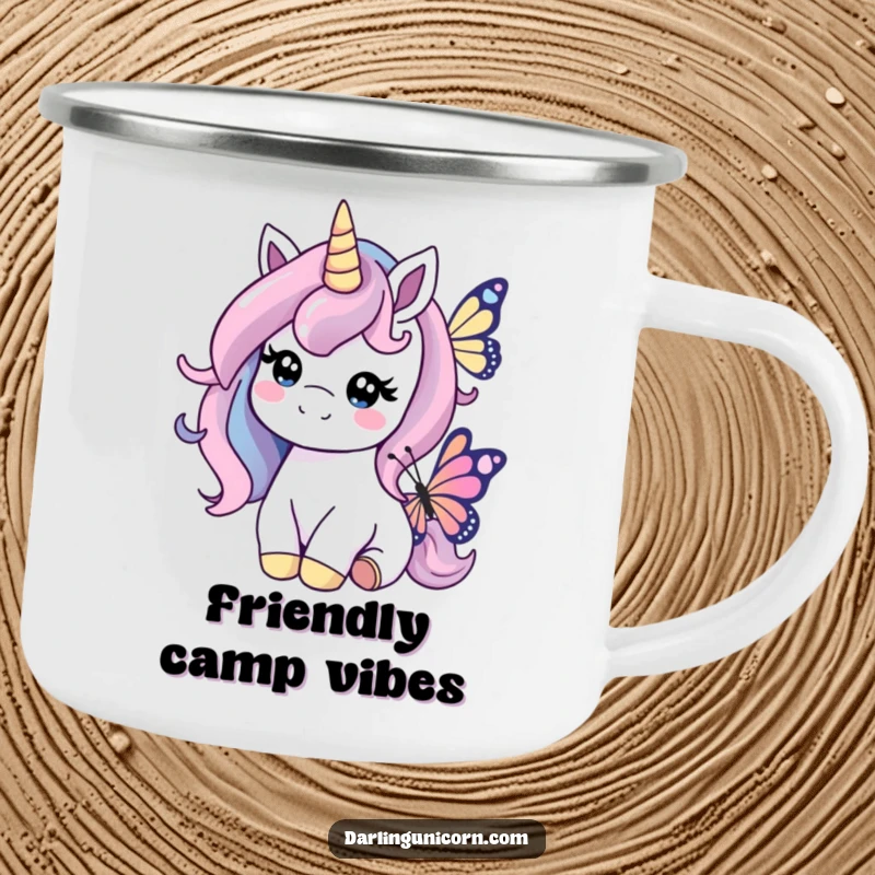 Funny camping mug featuring a kind unicorn gently nudging a butterfly, perfect for outdoor use and spreading warmth.