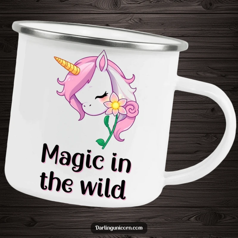 Funny unicorn camping mug showing a curious unicorn nuzzling a magical, glowing flower, perfect for outdoor enchantment.