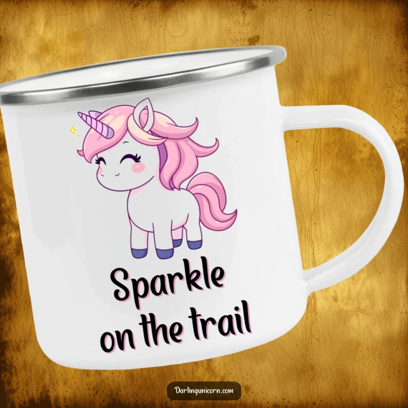 Funny unicorn camping mug with a joyful unicorn tossing its mane, perfect for outdoor adventures and magical moments.
