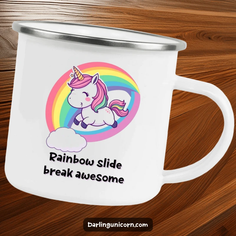 Funny camping mug with a playful unicorn sliding down a vibrant rainbow with a cheerful whoop, perfect for cheerful outdoor drinks.