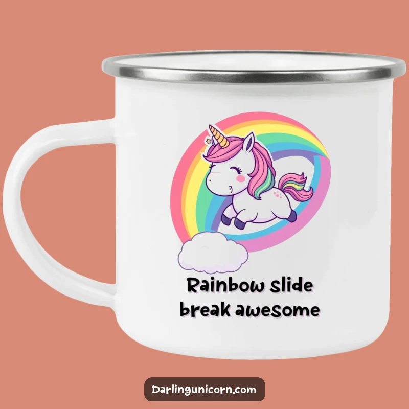 Funny Playful Unicorn Rainbow Slide Camping Mug - Outdoor Joy Gift