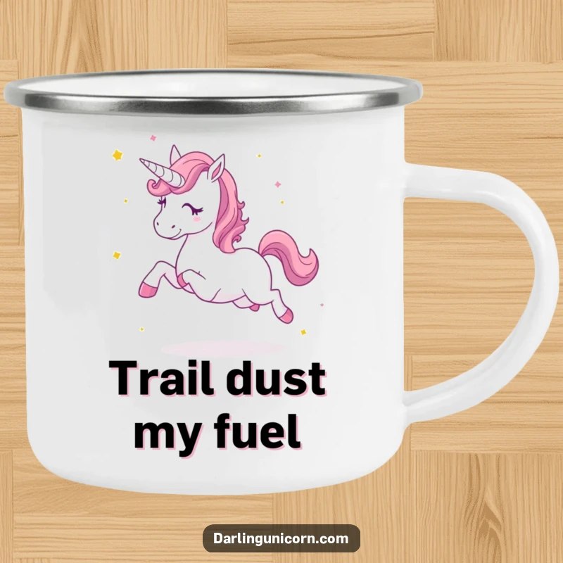 Funny camping mug showing a unicorn trotting energetically, scattering stardust, perfect for outdoor use and magical moments.
