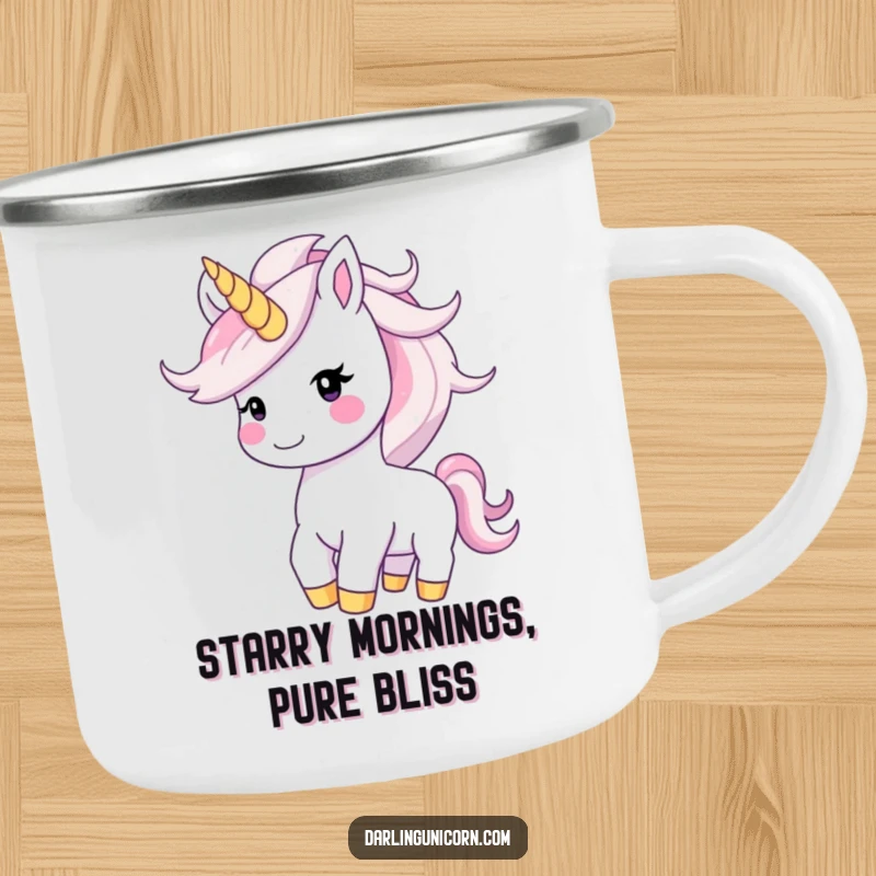 Funny happy unicorn with a smiling face tossing its shimmering, starry mane, designed for joyful outdoor sips.