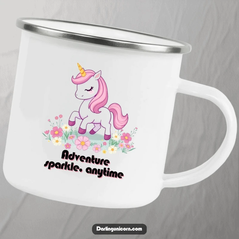 Funny unicorn prancing with a glowing horn on a field of glittery flowers, designed for magical outdoor brews.