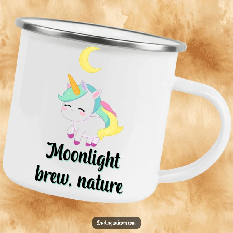 Funny Unicorn Camping Mug: A serene unicorn gazes at a crescent moon, perfect for peaceful outdoor drinks.