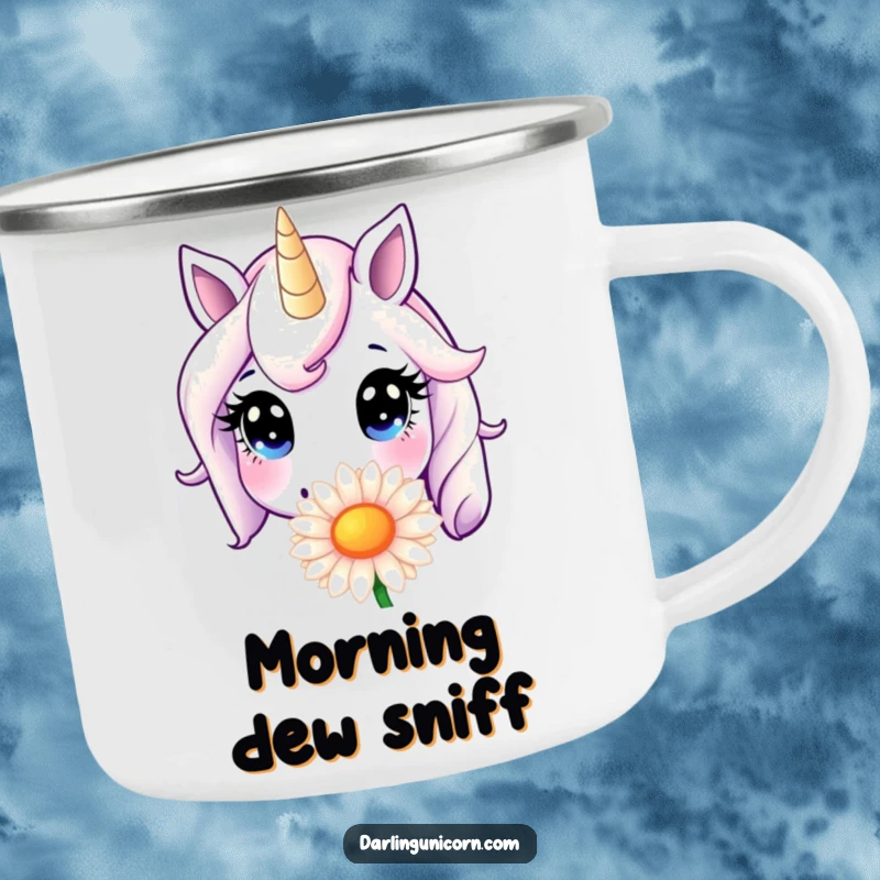 Funny Camping Mug: A unicorn with innocent eyes sniffs a giant daisy, ideal for outdoor enjoyment with a humorous, whimsical touch.