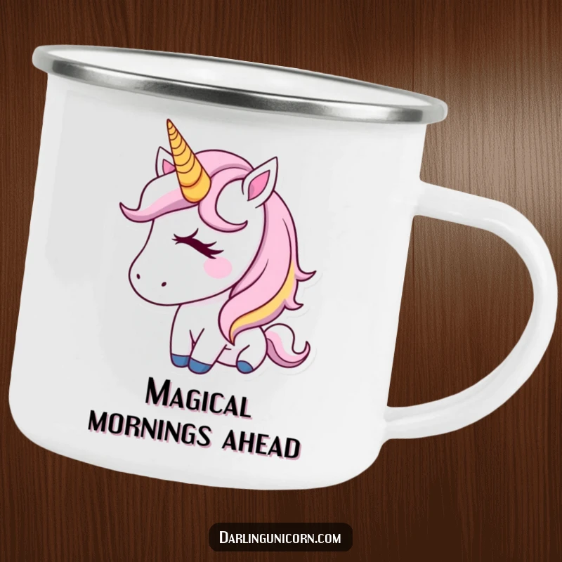Funny Camping Mug showcasing a cute unicorn with a golden horn, winking adorably, ready for any adventure.