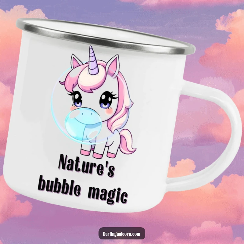 Funny unicorn with wide, curious eyes sniffing a massive, iridescent bubble, designed for magical outdoor sips.