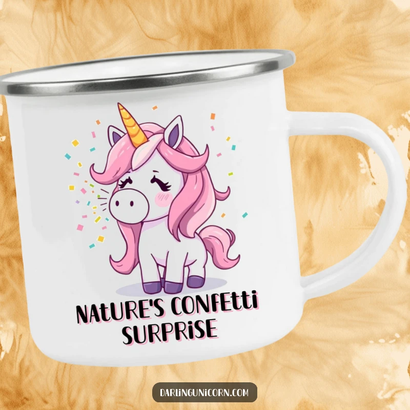 Funny surprised unicorn sneezing a stream of confetti on a durable enamel camping mug.
