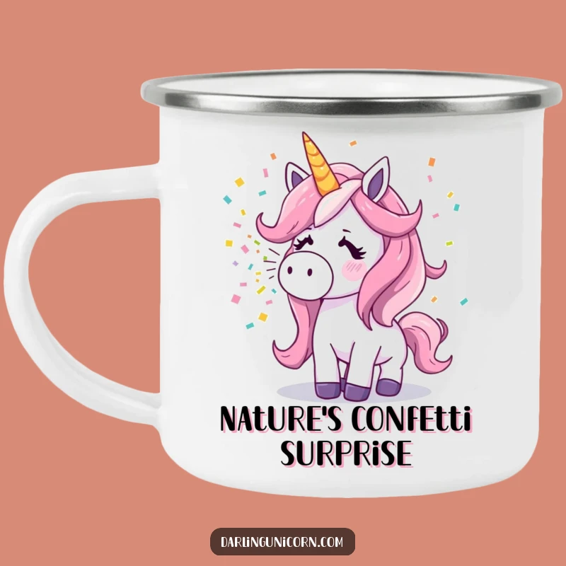 Funny Surprised Unicorn Camping Mug: Sneezing Confetti, Enamel Party Mug