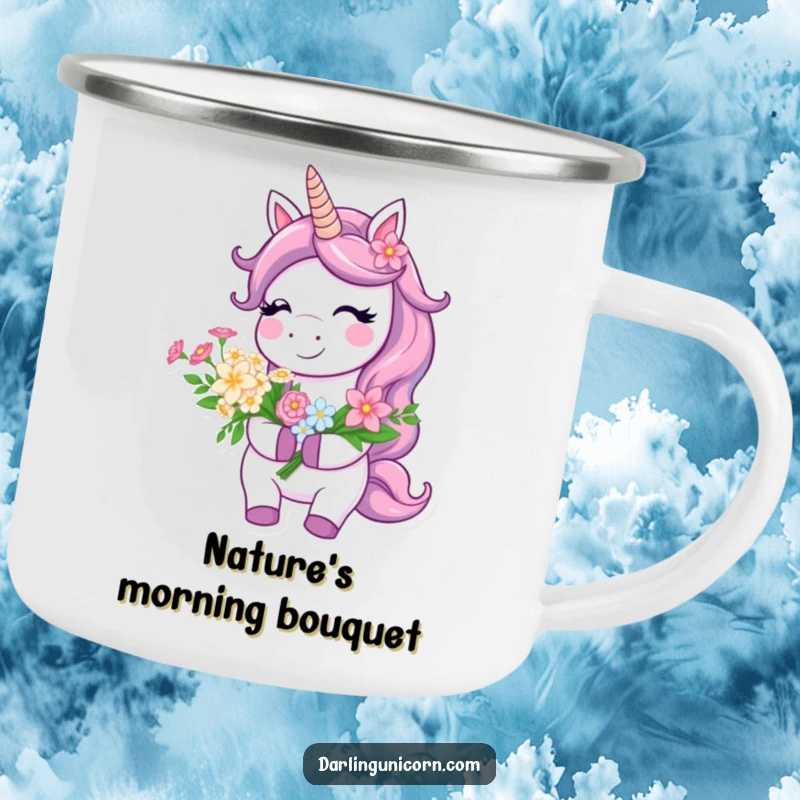 Funny Camping Mug showcasing a smiling unicorn holding a flower bouquet, perfect for cheerful outdoor experiences.