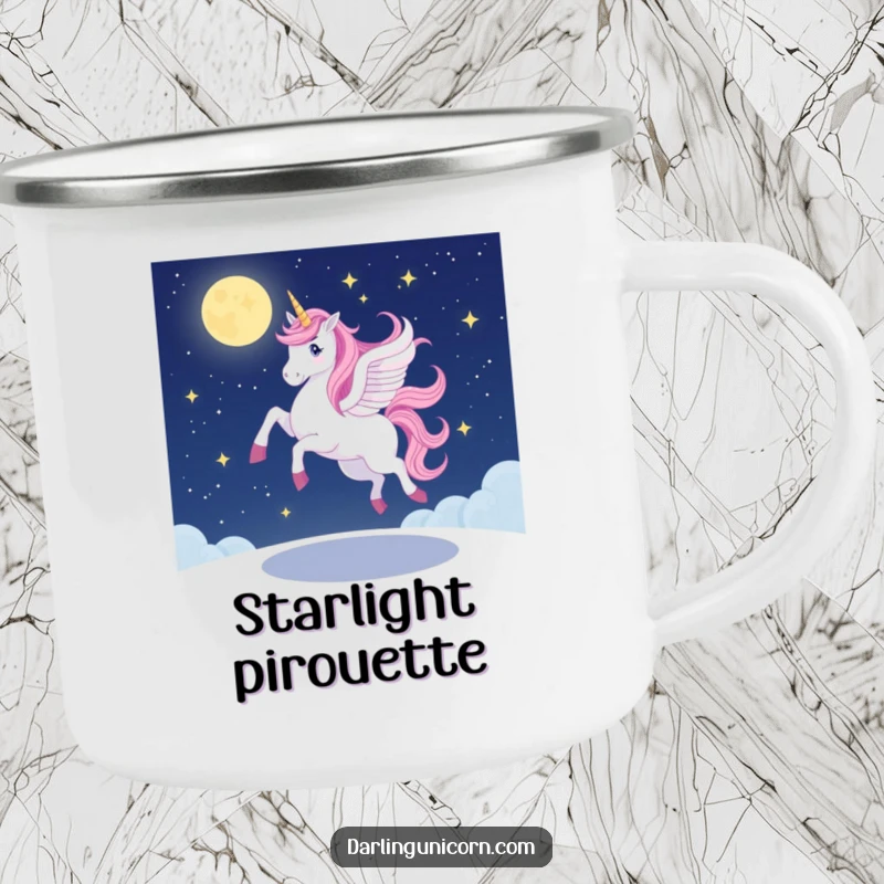Funny unicorn camping mug with a unicorn doing a graceful, wobbly pirouette on a starlit night, durable and perfect for magical outdoor moments.