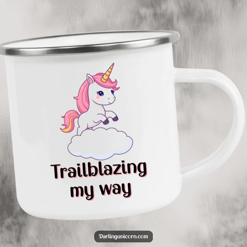 Funny camping mug featuring a unicorn with a lustrous shimmering horn mid-leap over a cloud, built for magical outdoor journeys.