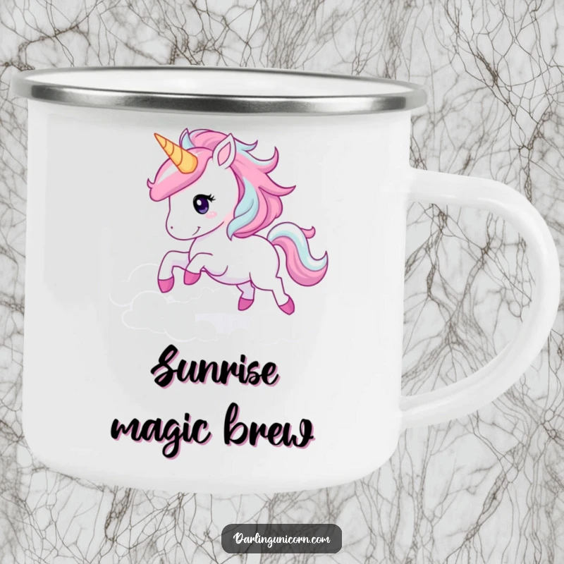 Funny unicorn galloping camping mug with a joyful unicorn and sparkling mane amidst clouds, durable for outdoor magic.