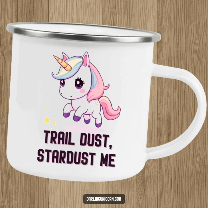 Funny camping mug with a kawaii unicorn curiously chasing stardust, perfect for enjoying drinks during magical outdoor adventures.
