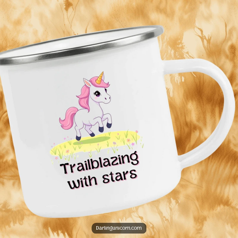 Funny Camping Mug showing a unicorn with a starry mane, gallantly galloping, perfect for magical outdoor experiences.
