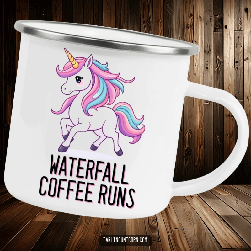 Funny camping mug showcasing a unicorn prancing with its mane like a vibrant waterfall, perfect for enjoying drinks outdoors with elegance.