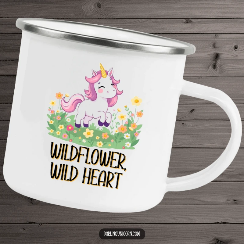 Funny camping mug with a joyful unicorn galloping through a field of glowing flowers, perfect for magical and happy outdoor experiences.