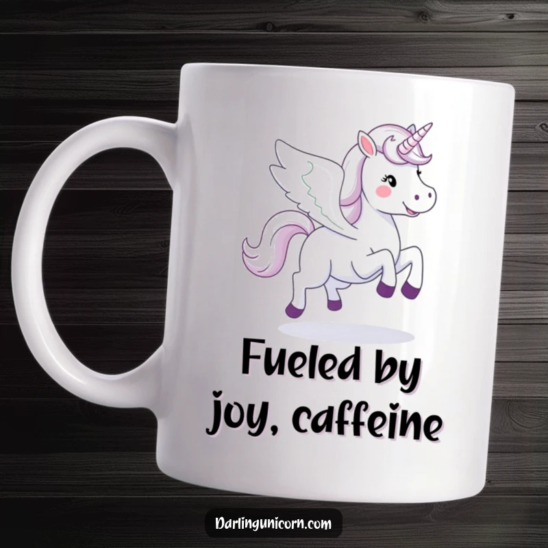 Funny happy unicorn with majestic wings spread wide, galloping joyfully through the sky on a ceramic mug.