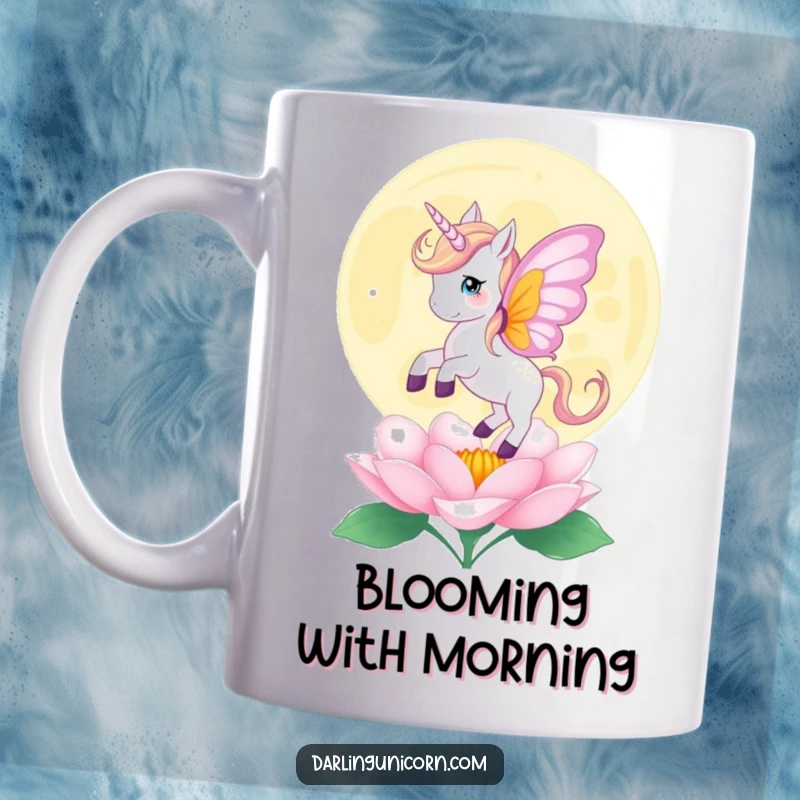 Funny mug featuring a unicorn with butterfly wings gently landing on a blooming moonflower, symbolizing ethereal grace and magic.