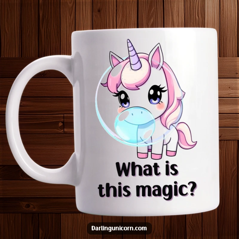 Funny unicorn with wide eyes curiously sniffing a giant, iridescent bubble, full of wonder and gentle exploration.