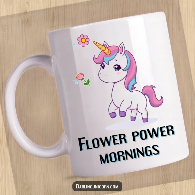 Funny mug featuring a unicorn playfully tossing a colorful flower into the air with a cheerful expression.