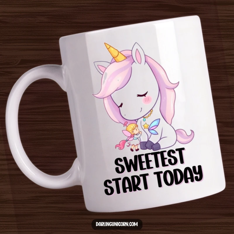 Funny mug depicting a unicorn with a soft smile gently nuzzling a small, delicate fairy.