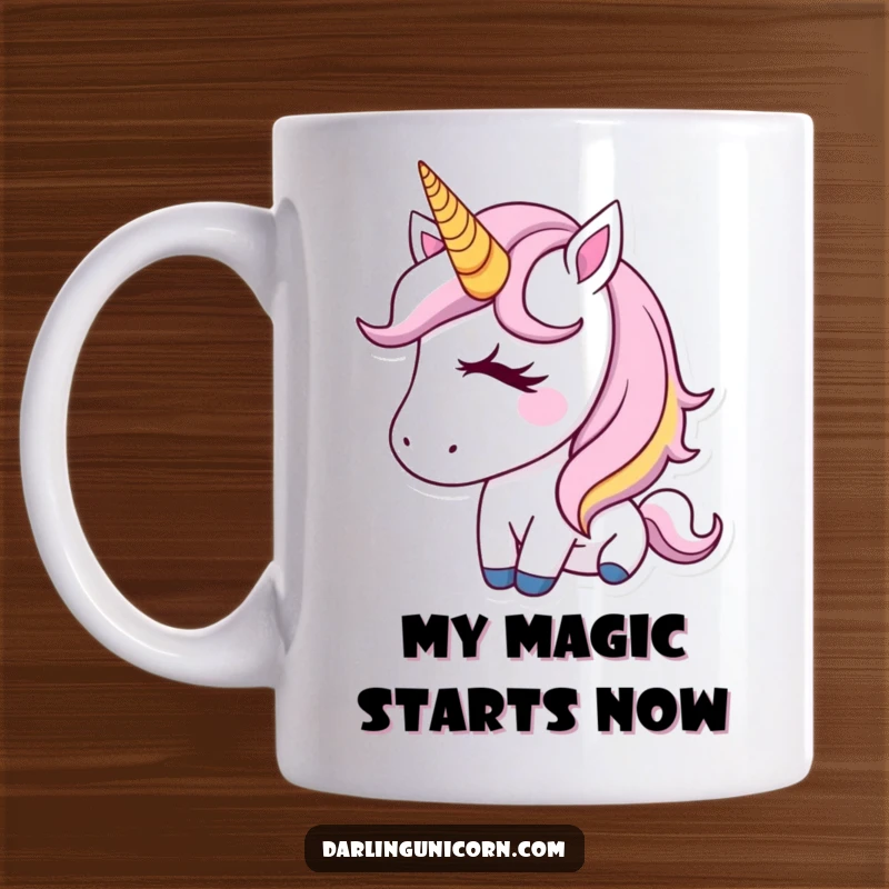 Funny Mug featuring a charming unicorn with a golden horn, winking playfully, perfect for a magical and humorous gift.