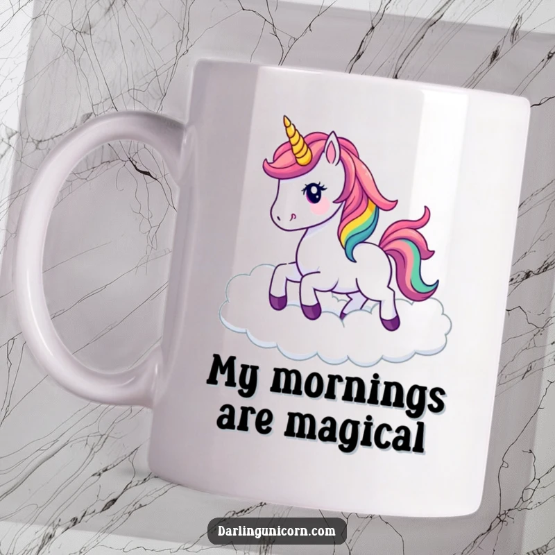 Funny kawaii unicorn with a vibrant rainbow mane prancing gracefully through fluffy white clouds on a ceramic mug.