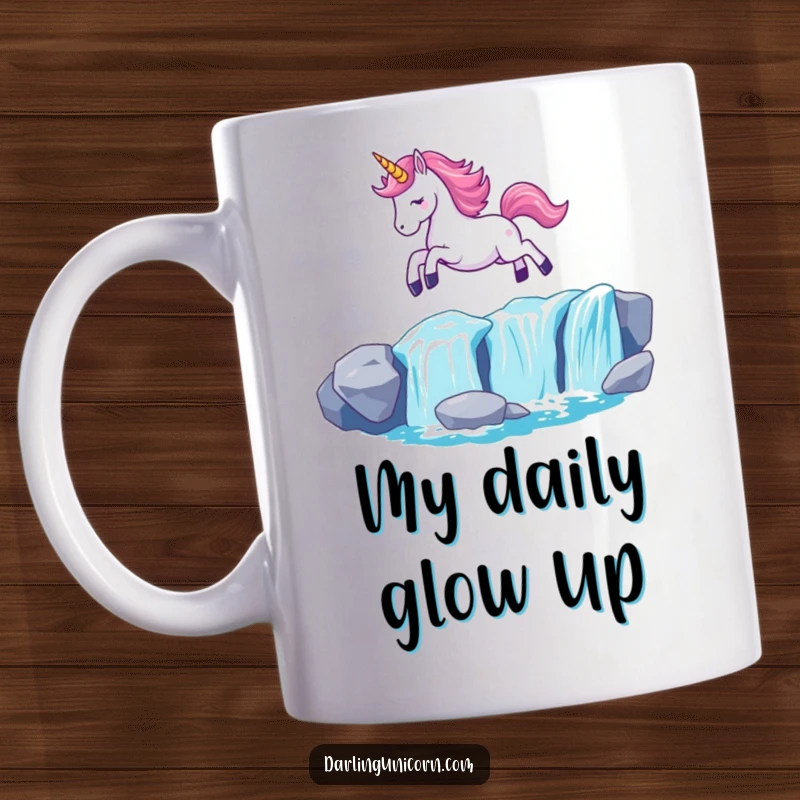 Funny Kawaii Unicorn Mug: A graceful unicorn with a glowing horn leaps over a shimmering waterfall, radiating magical energy.