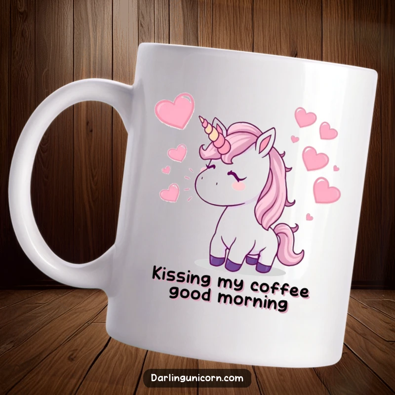 Funny Mug: A unicorn blows a kiss, sending a flurry of sparkling hearts flying, depicting a sweet and humorous act of love.