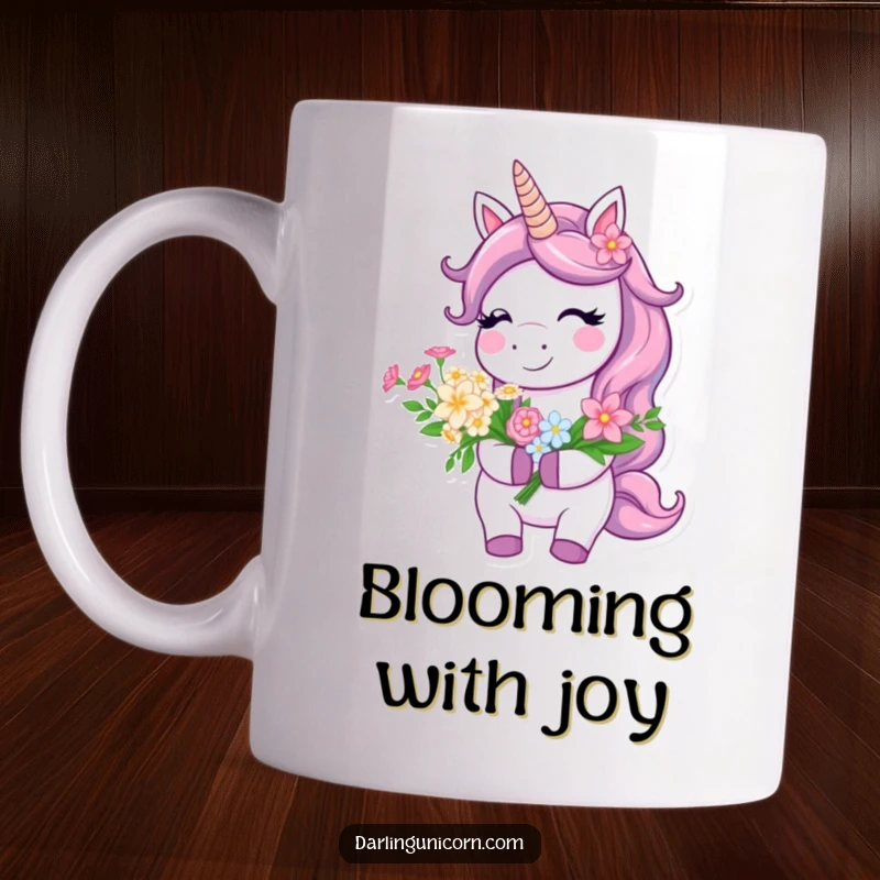 Funny Mug featuring a cheerful unicorn holding a vibrant bouquet of flowers, smiling brightly with happy eyes.