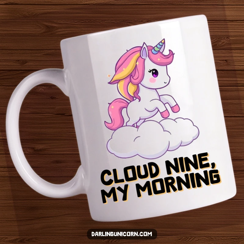 Funny mug with a sparkling unicorn with a rainbow mane joyfully leaping over a fluffy white cloud, radiating magic and fun.