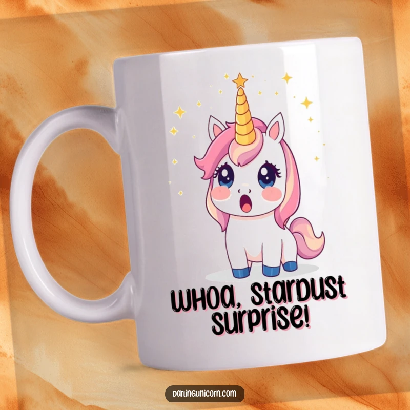Funny unicorn mug showing a surprised unicorn with its horn showering brilliant stardust, a moment of magical wonder.