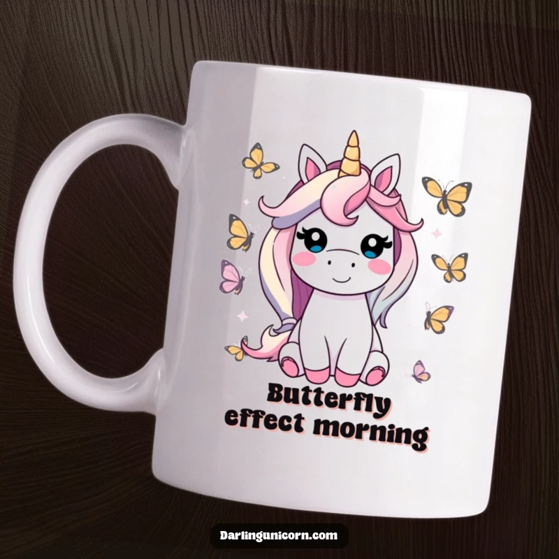 Funny unicorn mug showing a unicorn with a contented smile, peacefully surrounded by colorful, friendly butterflies in a serene setting.