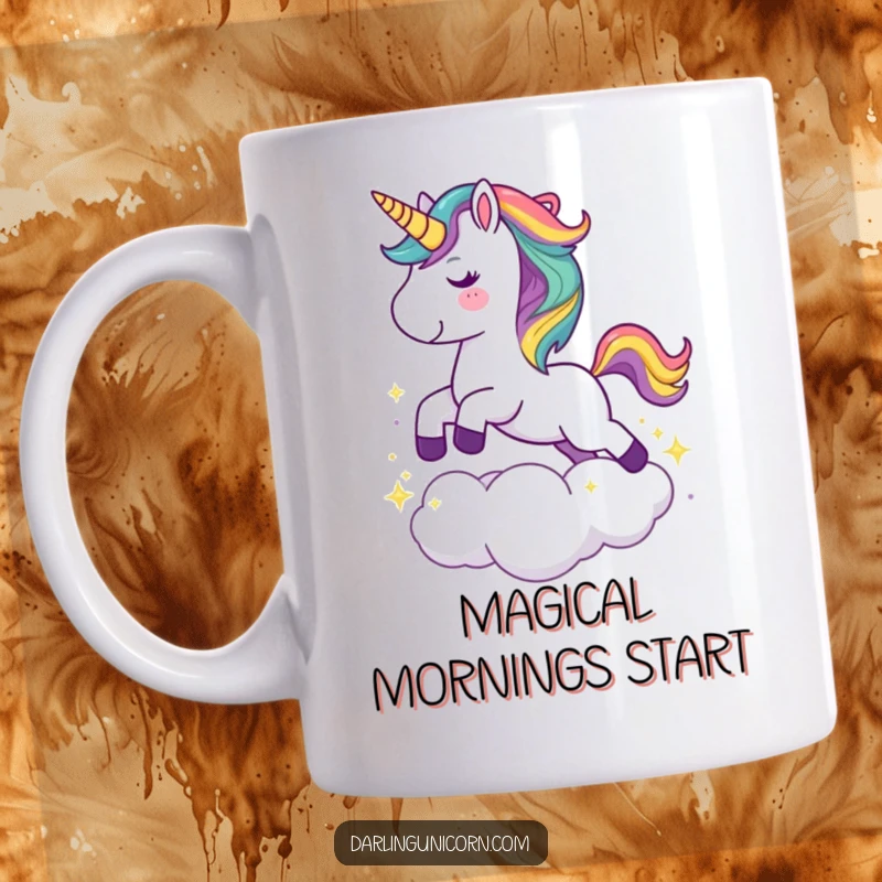 Funny mug featuring a cute unicorn with a rainbow mane joyfully leaping over a sparkling cloud, radiating happiness.