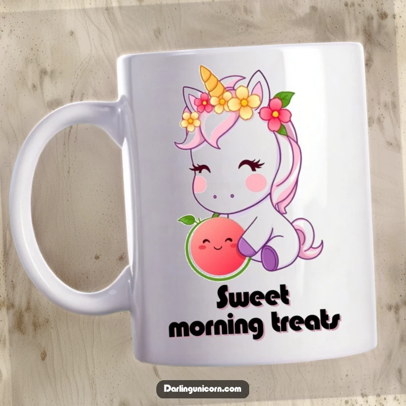 Funny mug showing a cute unicorn wearing a colorful flower crown, happily nibbling on a glowing magical fruit.