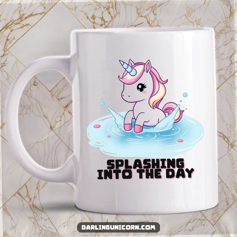 Funny mug featuring a unicorn playfully splashing in a crystal clear pond, exuding joy and refreshment.