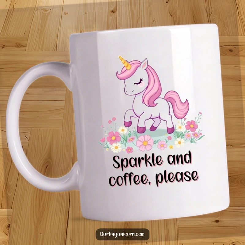 Funny unicorn prancing on a field of glittery flowers, horn glowing, radiating pure playful energy and joy.