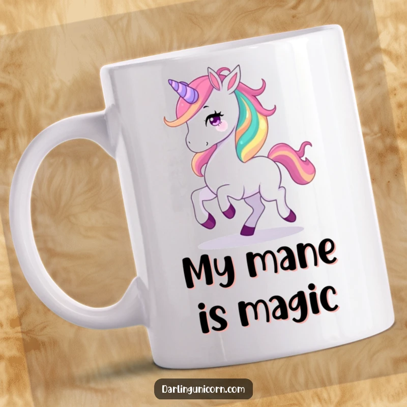 Funny mug featuring a graceful white unicorn with a flowing rainbow mane happily prancing with a joyful expression, celebrating magic.