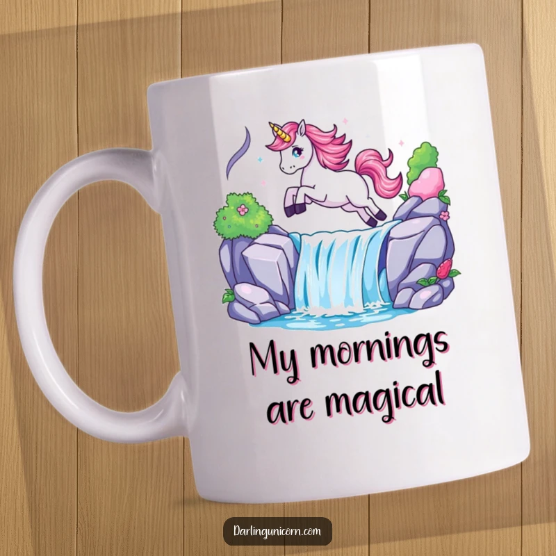 Funny mug featuring a unicorn leaping with pure joy over a sparkling waterfall, embodying freedom and magical adventure.
