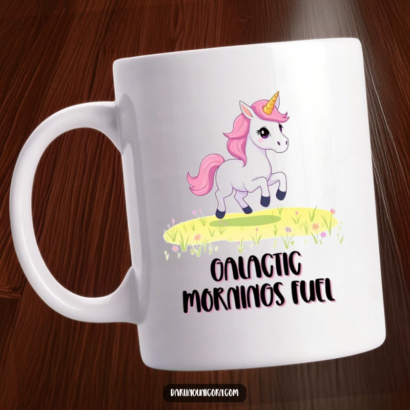 Funny Mug depicting a unicorn with a dazzling starry mane galloping gracefully through a vibrant, magical field.