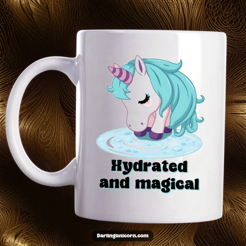 Funny unicorn mug showing a unicorn looking deeply refreshed while drinking from a sparkling, crystal clear stream in a tranquil setting.
