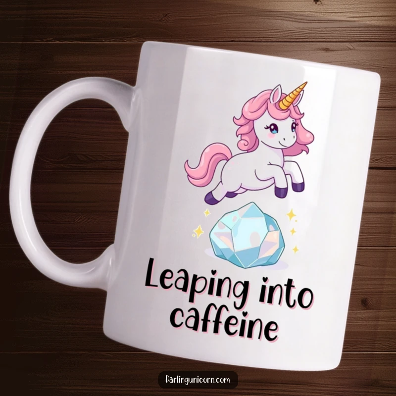 Funny unicorn mug featuring a playful unicorn mid-leap over a brilliantly sparkling crystal, full of energy and fun.