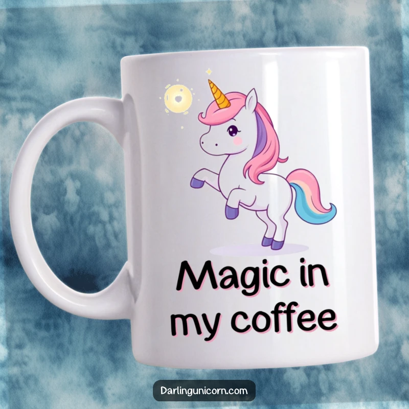 Funny unicorn mug showing a unicorn playfully tossing a glowing, shimmering magical orb, embodying whimsical mischief and fantasy.