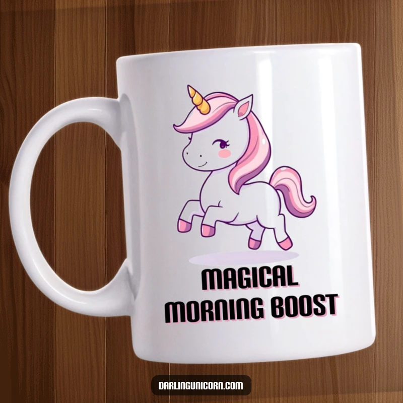 Funny mug showcasing a kawaii unicorn with a sparkling horn, joyfully prancing with magical energy.