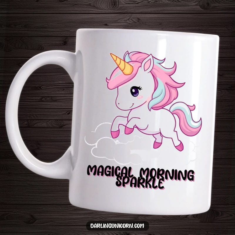 Funny unicorn mug with a joyful unicorn galloping enthusiastically through fluffy clouds, its mane sparkling enchantingly.
